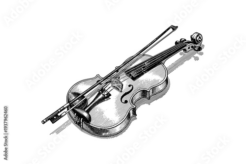 Vintage style engraved violin with bow on white background