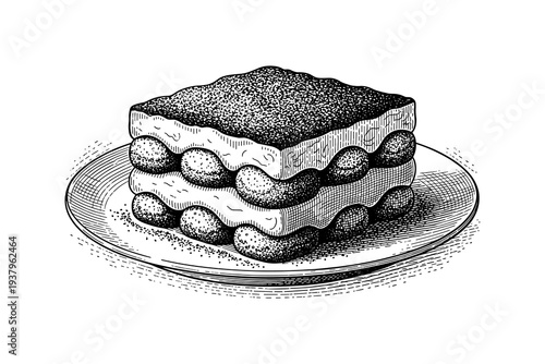 Classic tiramisu slice in vintage style on plate