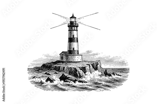 Vintage lighthouse on rocky shore with ocean waves and sky