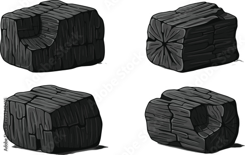 Charcoal briquettes pieces collection with black carbon texture, natural fuel material for barbecue grilling vector illustration set