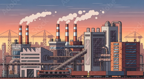 Industrial factory with smoking chimneys and train.