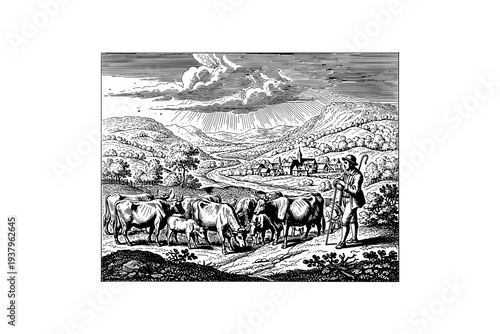 Rustic countryside scene with shepherd and cattle in vintage etching style