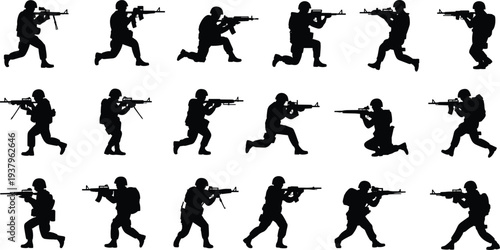Army soldier combat silhouettes set with armed troops aiming rifles tactical military action poses black vector collection isolated for defense war design
