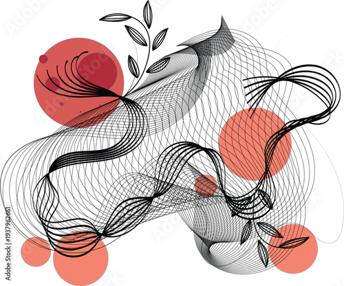 Vector art of abstract illustration with red circles and black lines