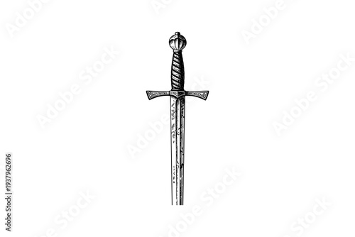 Vintage medieval sword with ornate hilt and blade detailing in black and white