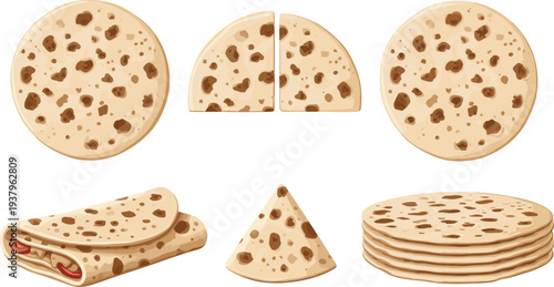 Chapati roti flatbread whole and sliced pieces with rolled wrap, traditional Indian bread food vector illustration set