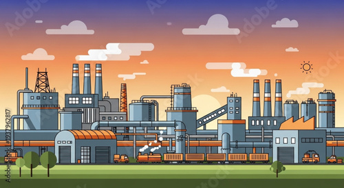 Industrial factory complex with smokestacks and trains at sunset.