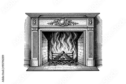 Vintage fireplace with ornate detailing and burning logs in etched style
