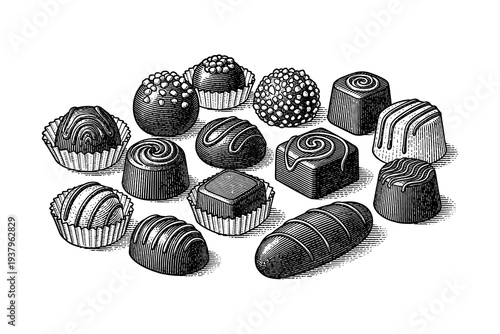 Delicious handcrafted chocolates in vintage engraving style