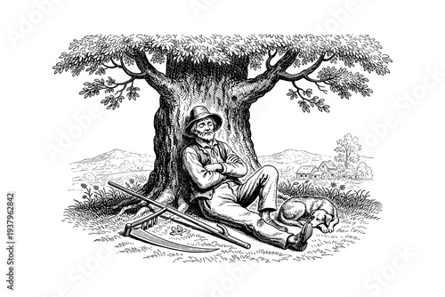 Vintage farmer resting under tree with dog in rural landscape