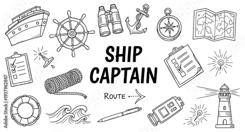 Nautical adventure elements for ship captain's journey and maritime exploration