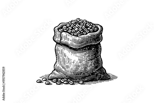 Hand drawn burlap sack filled with coffee beans on white background
