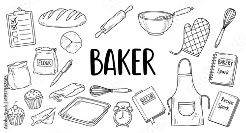 Collection of hand-drawn baking ingredients and tools with the word BAKER in the center