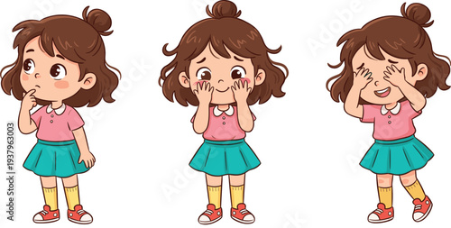 Cartoon Little Girl Emotions Set Showing Shy Crying and Laughing Expressions, Cute Kids Feelings and Mood Reactions Character Vector Illustration Collection