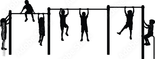 Children playing on monkey bars silhouette set, kids climbing playground equipment outdoor activity, childhood recreation and school playground vector illustration
