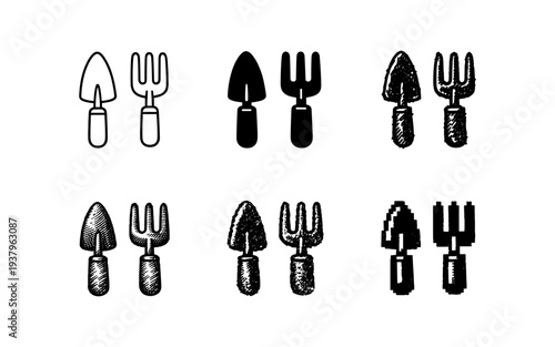 Collection of hand-drawn gardening tools including trowels and forks in various styles