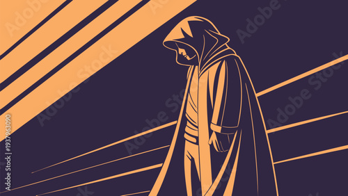 Mysterious hooded figure in dark cloak with glowing eyes standing alone in abstract orange and dark blue background with streaks