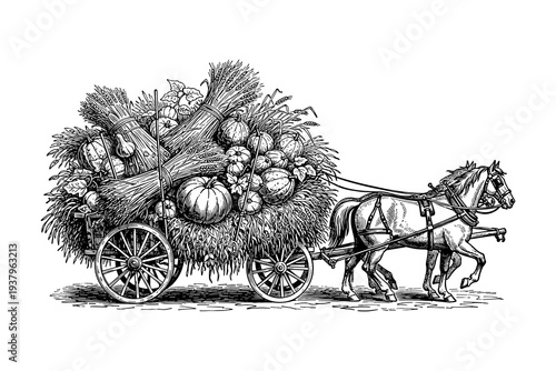 Vintage harvest scene with horse-drawn wagon and autumn produce in engraved style
