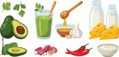 Minimalist hand drawn line art vector set of healthy superfood ingredients including avocado garlic honey and chili.