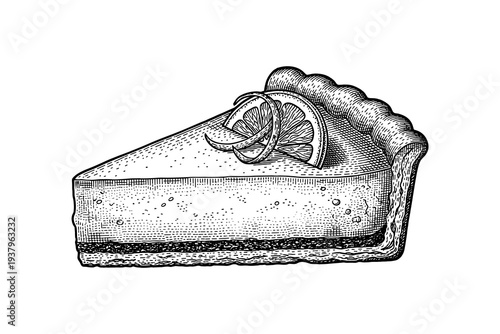 Handcrafted lemon tart slice with vintage etching style on white background