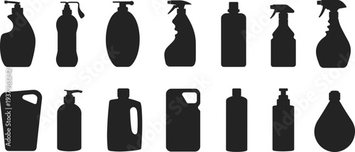 Cleaning product bottles silhouette collection including spray bottles soap dispensers detergent containers and sanitizer packaging black vector set isolated on white