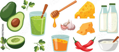 Minimalist hand drawn line art vector set of healthy superfood ingredients including avocado garlic honey and chili.