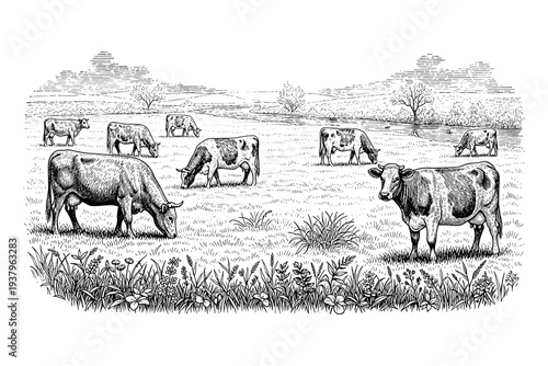 Rural landscape with grazing cows in engraved style