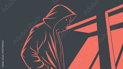 Mysterious hooded figure in neon lit darkness futuristic urban atmosphere glowing eyes