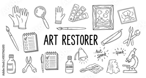 Art restorer tools and supplies for antique painting conservation and repair