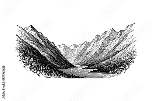 Intricate pen drawing of majestic mountain landscape