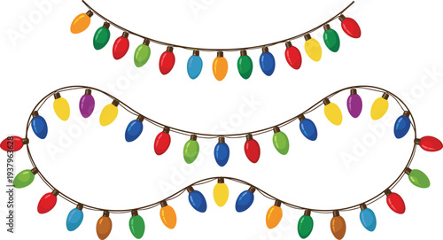 Colorful Christmas string lights garland decoration set, festive holiday bulb lights isolated winter celebration vector illustration