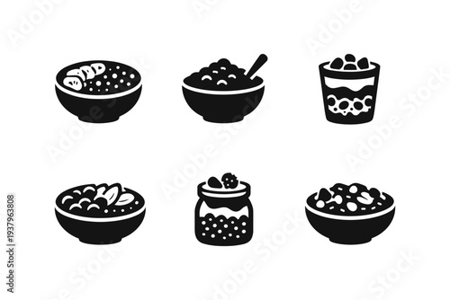 Collection of six black icons representing various breakfast bowls and jars of food