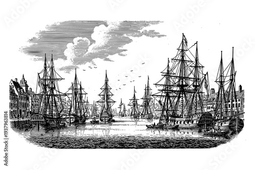 Vintage maritime scene with historic sailing ships in harbor