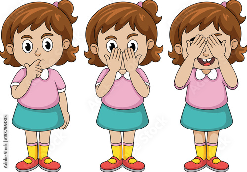 Cute cartoon girl showing surprised shy and crying emotions with expressive facial reactions, adorable child character vector illustration set isolated