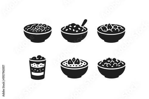 Collection of six black icons representing different breakfast cereals and parfaits in bowls and glasses