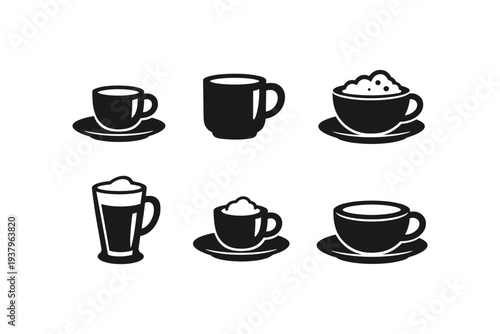 Collection of six black coffee cup icons with different styles and beverages
