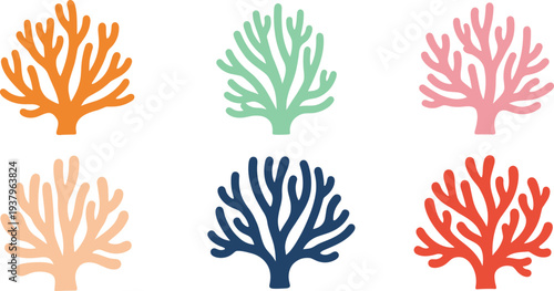 Colorful coral reef silhouettes collection, marine underwater coral shapes isolated ocean nature vector illustration set