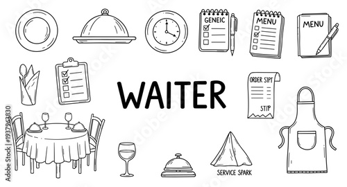 Collection of restaurant service icons and elements, hand-drawn style
