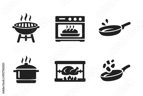 Collection of cooking icons representing grilling, baking, frying, boiling, and roasting food