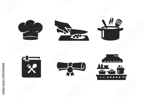 Collection of cooking and culinary icons representing chef hat, chopping, cooking pot, cookbook, diploma, and kitchen stove