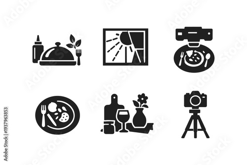 Set of icons representing food photography and culinary concepts for design