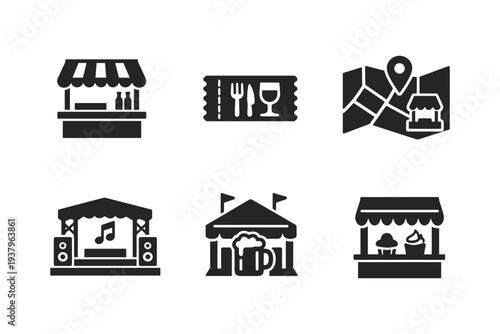 Collection of festival and fair icons including food stalls, stage, and map