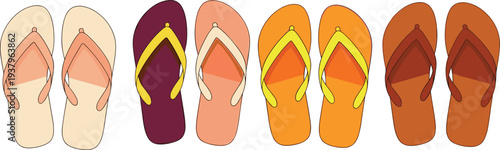 Colorful flip flops sandals collection, summer beach footwear set isolated casual vacation shoe vector illustration