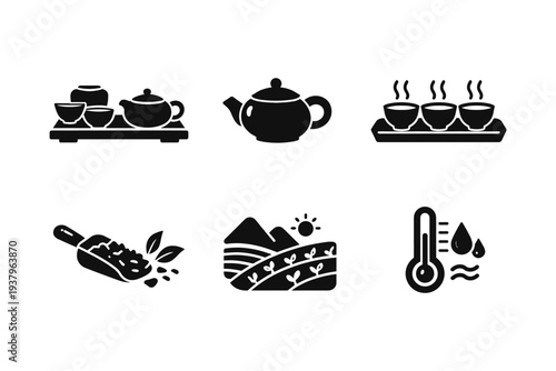 Collection of black icons representing tea ceremony, cultivation, and preparation processes