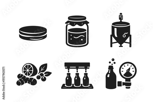 Kombucha brewing process icons: ingredients, fermentation, bottling, and quality control