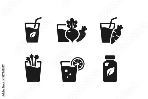 Collection of healthy drink and ingredient icons for wellness and nutrition