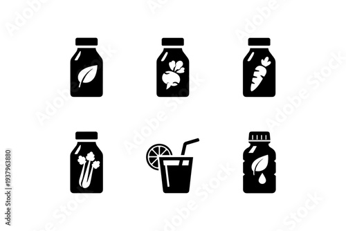 Set of icons representing healthy drinks and fresh ingredients in bottles and glass