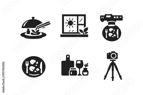 Food photography icons representing preparation, natural light, and professional setup