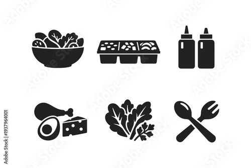 Collection of food icons representing salad, ingredients, and condiments for a meal