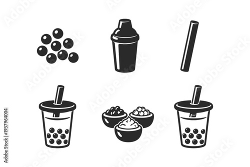 Bubble tea ingredients and preparation icons including tapioca pearls, shaker, and cups